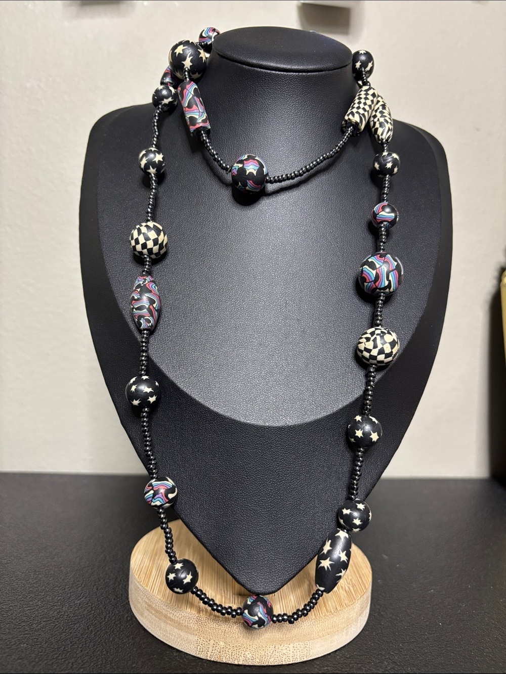 Artisan Handcrafted Polymer Clay Checkered Stars Black Patterned Bead Necklace